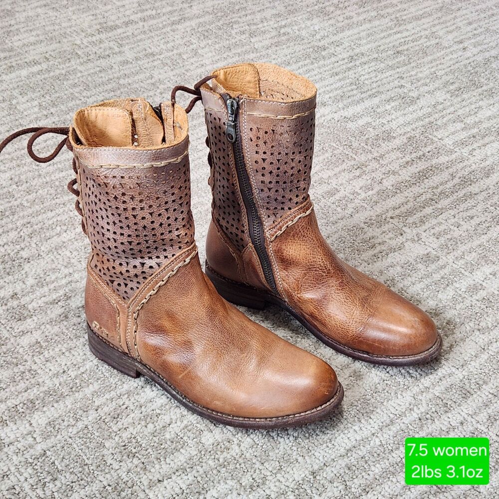 Bed Stu Cheshire Rustic Tan Brown Perforated Leather Back-Zip Boots Size 7.5